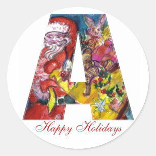 CHRISTMAS A BRIEF / SANTA MET GIFTS MONOGRAM RONDE STICKER