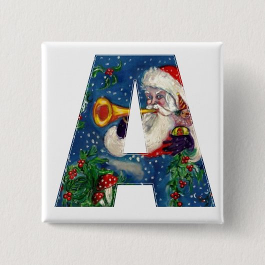 CHRISTMAS A LETTER/SANTA BUGLER MONOGRAM VIERKANTE BUTTON 5,1 CM (Voorkant)