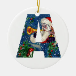 CHRISTMAS A LETTER/SANTA CLAUS BUGLER MONOGRAM KERAMISCH ORNAMENT