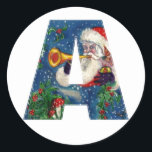 CHRISTMAS A LETTER/SANTA CLAUS BUGLER RONDE STICKER<br><div class="desc">Een initiaal letter kerstmonogram ontwerp.Kleurrijk,  wit en artistiek acrylschilderij voor Kerstmis. Santa Claus,  sneeuwwinternacht met bloemige ornamenten,  kat,  rode boog,  groene decoratieve planten,  rode linten,  holbessen,  poppen en speelgoed in de sneeuw door Bulgan Lumini (c) com</div>