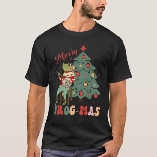 Christmas Aesthetic Cute Frog Playing Bonjo Merry  T-shirt (Voorkant)