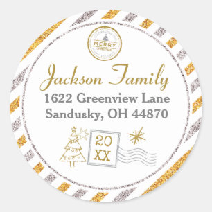 Christmas  Air Mail Gold Glitter Adres Ronde Sticker