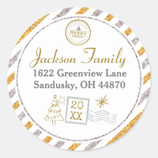 Christmas  Air Mail Gold Glitter Adres Ronde Sticker (Voorkant)