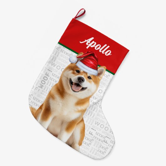 Christmas Akita Dog with Name Woof Background Grote Kerstsok (Voorkant (Hangend))