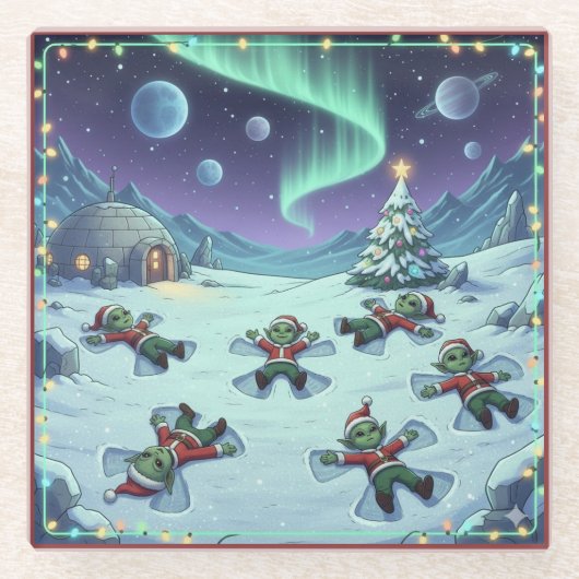 Christmas Alien Snow Angels, Glass Coaster Glazen Onderzetter (Voorkant)