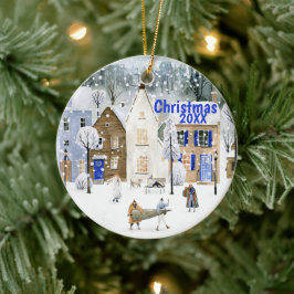 Christmas Alpine Ski Mountain Village Street Scene Keramisch Ornament