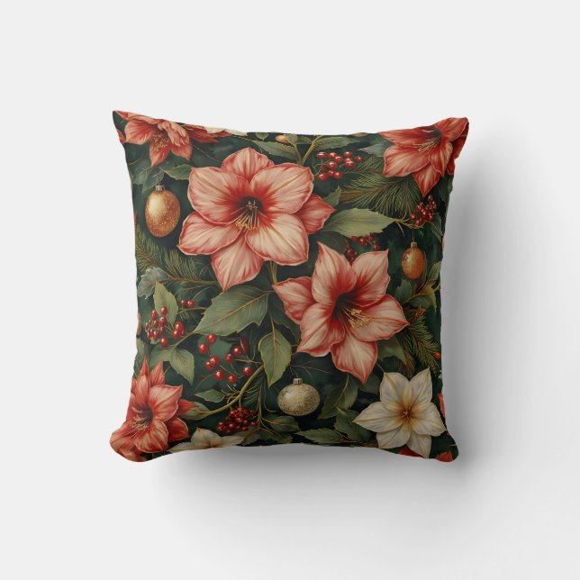 Christmas Amaryllis & Ornament Floral Pillow Kussen (Voorkant)