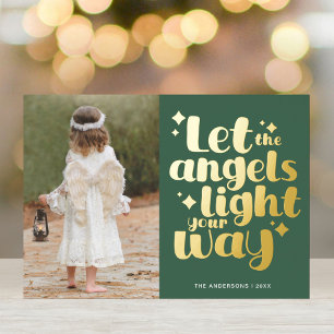 Christmas Angel Girl Cool Green Gold Folie Feestdagenkaart