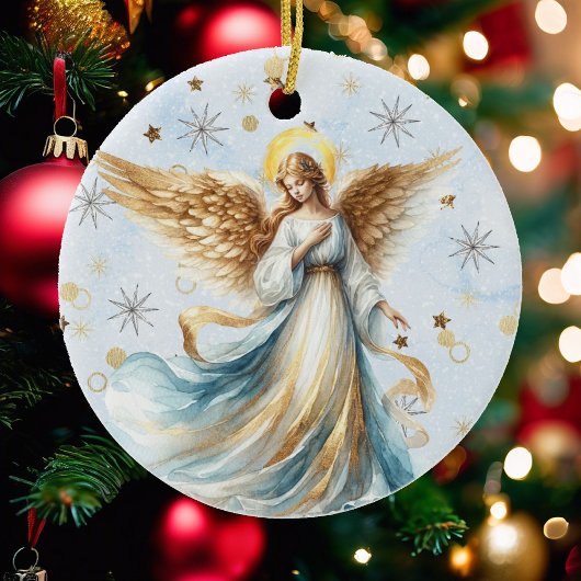 Christmas Angel Gold Blue Waterverf Keramisch Ornament