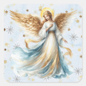 Christmas Angel Gold Blue Waterverf Vierkante Sticker (Voorkant)