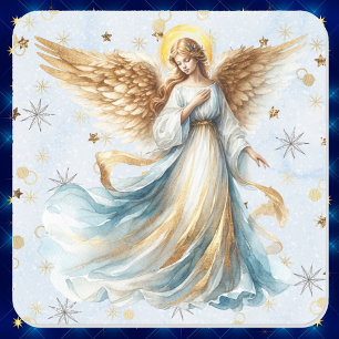 Christmas Angel Gold Blue Waterverf Vierkante Sticker