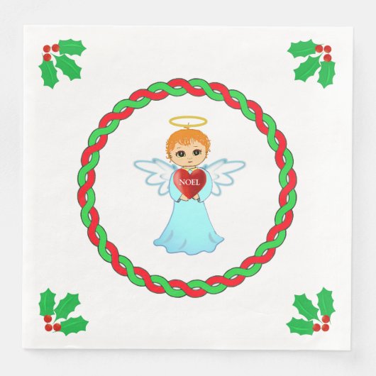 Christmas Angel & Holly bladeren op wit Servet (Voorkant)