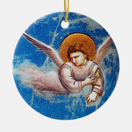 CHRISTMAS ANGEL IN BLUE SKY, FLORAL CROWN KERAMISCH ORNAMENT (Voorkant)
