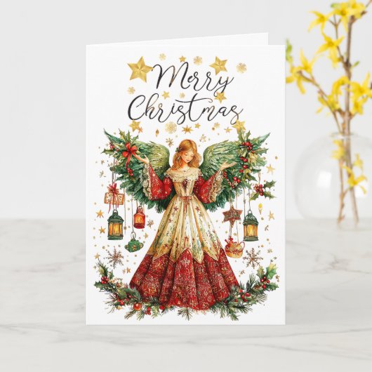 Christmas Angel & Lighted lanterns Merry Christmas Kaart (Gele Bloem)