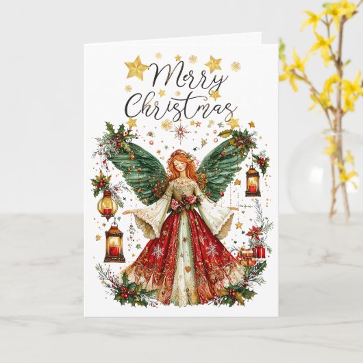 Christmas Angel & Lightened lanterns. Christmas Kaart (Gele Bloem)