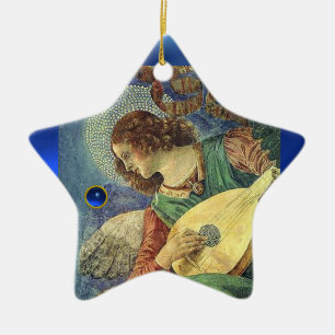 CHRISTMAS ANGEL MAAKT MUZIEK Blue Gem Stone Star Keramisch Ornament