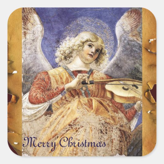 CHRISTMAS ANGEL MAKING MUSIC ANTIEK PARCHCHMENT VIERKANTE STICKER (Voorkant)