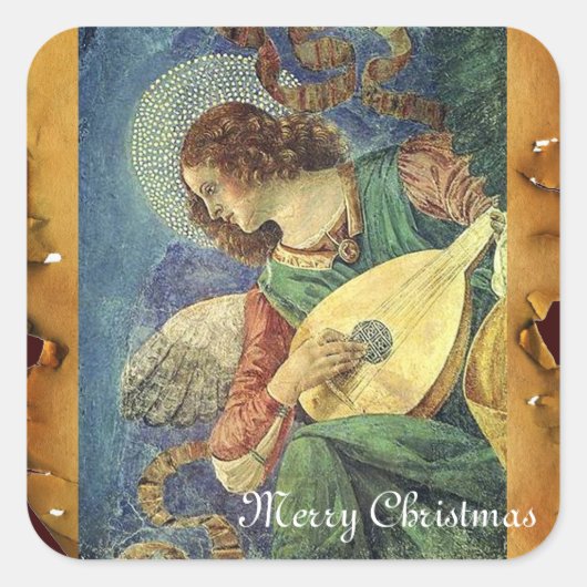 CHRISTMAS ANGEL MAKING MUSIC ANTIEK PARCHCHMENT VIERKANTE STICKER (Voorkant)