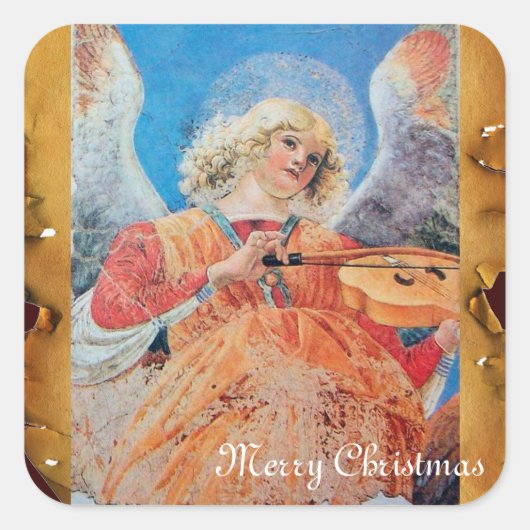 CHRISTMAS ANGEL MAKING MUSIC ANTIEK PARCHCHMENT VIERKANTE STICKER (Voorkant)