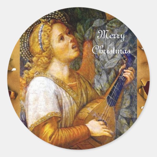 CHRISTMAS ANGEL MAKING MUSIC OUD PARCHMENT RONDE STICKER (Voorkant)