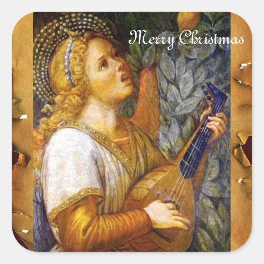 CHRISTMAS ANGEL MAKING MUSIC OUD PARCHMENT VIERKANTE STICKER (Voorkant)