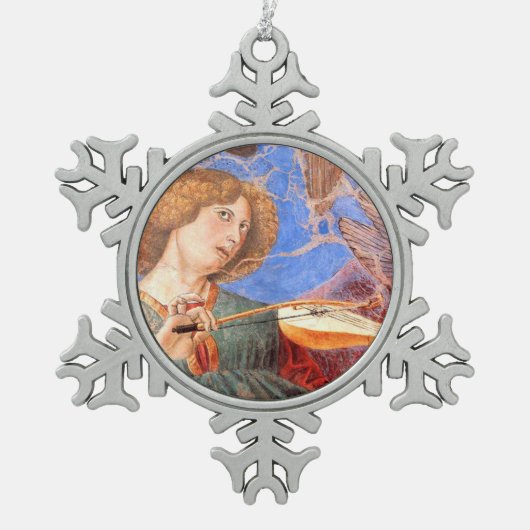 CHRISTMAS ANGEL MAKING MUSIC red, blue turquoise Tin Sneeuwvlok Ornament (Voorkant)