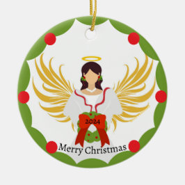 Christmas Angel Rode Groene Krans Familie Fotonaam Keramisch Ornament