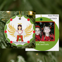 Christmas Angel Rode Groene Krans Familie Fotonaam Keramisch Ornament