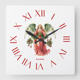 Christmas Angel Rode Romeinse cijfers Vierkante Klok