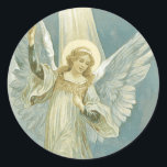 Christmas Angel Sticker<br><div class="desc">Mooie vintage afbeelding van engel in een lichtstraal. Kleuren zijn wit en turquoise en bruin.</div>
