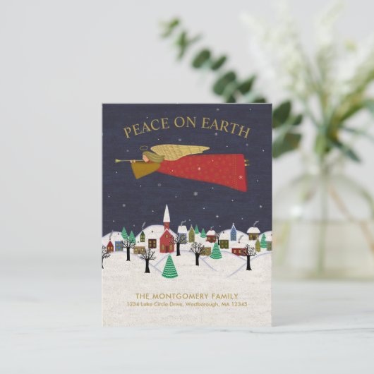 Christmas Angel Town Folk Art Vakantie Verhuizen Aankondigingskaart (Staand voorkant)