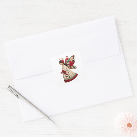 Christmas Angel with Holiday Flowers Vierkante Sticker (Envelop)