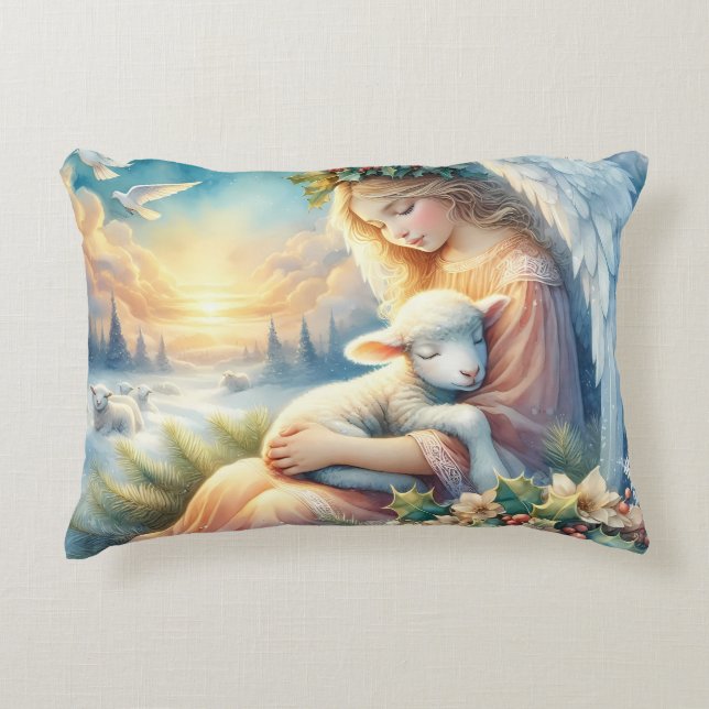 Christmas Angel with Lamb in Winter Peace Accent Kussen (Voorkant)