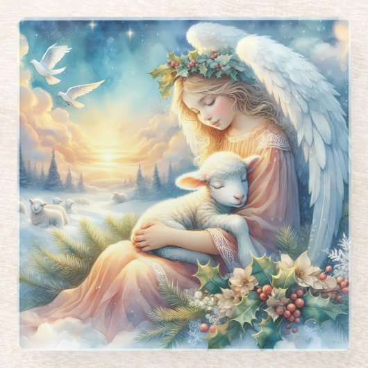 Christmas Angel with Lamb in Winter Peace Glazen Onderzetter (Voorkant)
