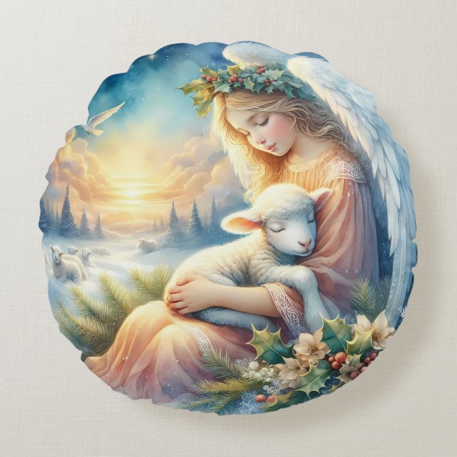 Christmas Angel with Lamb in Winter Peace Rond Kussen (Voorkant)
