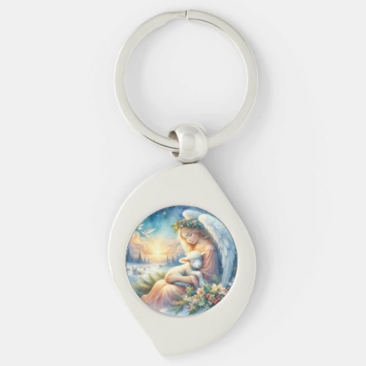 Christmas Angel with Lamb in Winter Peace Sleutelhanger (Voorkant)