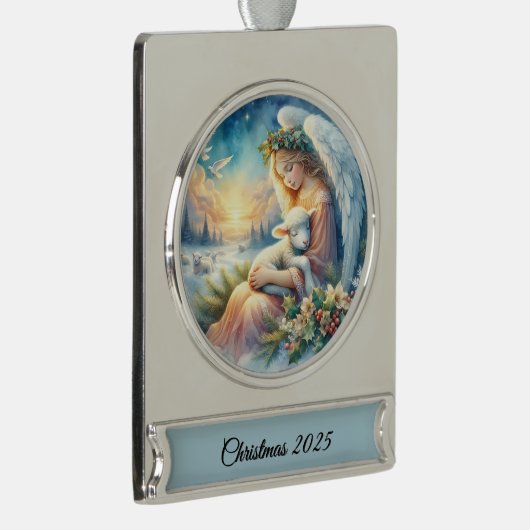 Christmas Angel with Lamb in Winter Peace Verzilverd Banner Ornament (Rechts)