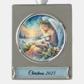 Christmas Angel with Lamb in Winter Peace Verzilverd Banner Ornament (Voorkant)