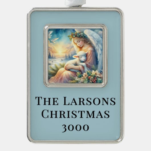 Christmas Angel with Lamb in Winter Peace Verzilverd Omlijst Ornament (Voorkant)