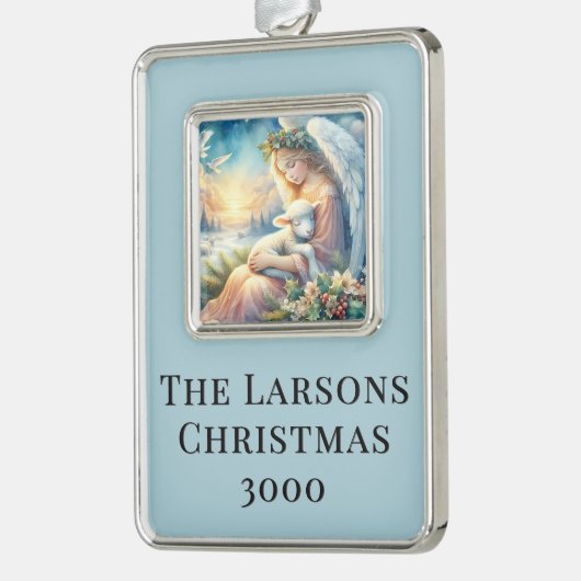 Christmas Angel with Lamb in Winter Peace Verzilverd Omlijst Ornament (Links)