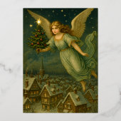 Christmas Angel With Tree Retro Victorian Era Folie Feestdagenkaart (Voorkant)