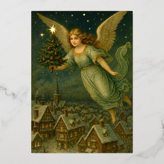 Christmas Angel With Tree Retro Victorian Era Folie Feestdagenkaart (Voorkant)