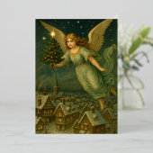 Christmas Angel With Tree Retro Victorian Era Folie Feestdagenkaart (Staand Voorkant)