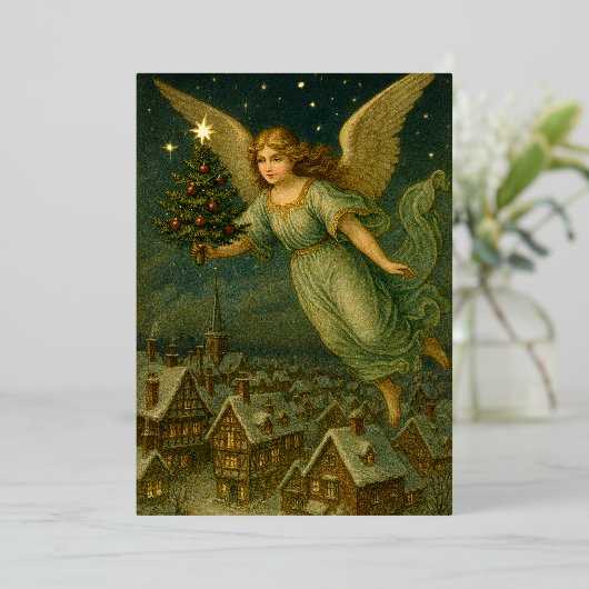 Christmas Angel With Tree Retro Victorian Era Folie Feestdagenkaart (Staand Voorkant)