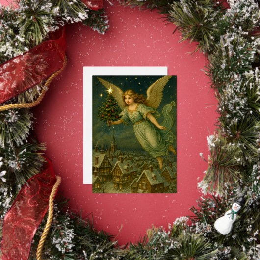 Christmas Angel With Tree Retro Victorian Era Folie Feestdagenkaart (Insitu)