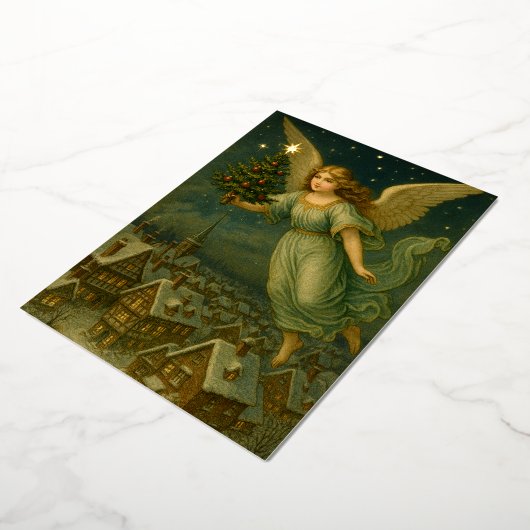 Christmas Angel With Tree Retro Victorian Era Folie Feestdagenkaart (Gedraaid)