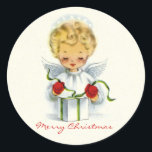 Christmas Angel Wrapping Gift Sticker<br><div class="desc">Vintage kerstontwerp ca. 1960. Liefste kleine kerstengel met rode wanten en haar kerstcadeau inpakken. Heel schattig.</div>