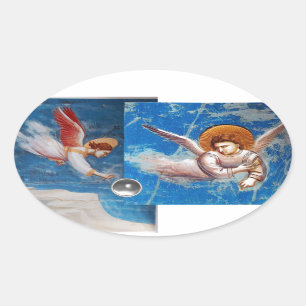 CHRISTMAS ANGELS IN BLUE SKY HOLIDAY OVALE STICKER