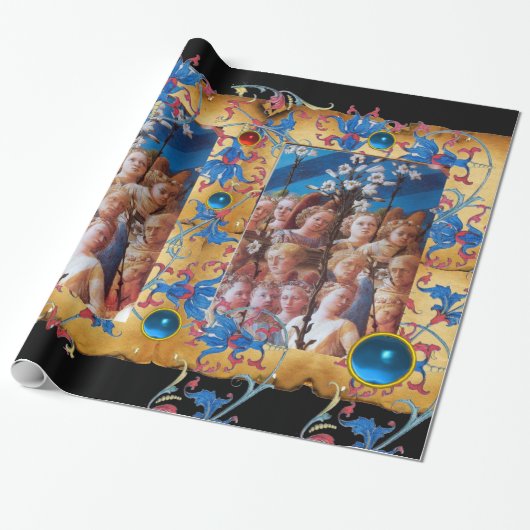 CHRISTMAS ANGELS PARCHMENT, RED BLUE FLOWERS, PARE CADEAUPAPIER (Uitgerold)