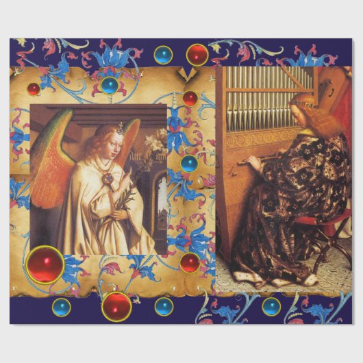 CHRISTMAS ANGELS, RED BLUE PARELTJES, FLORAL PARCH CADEAUPAPIER (Vlak)